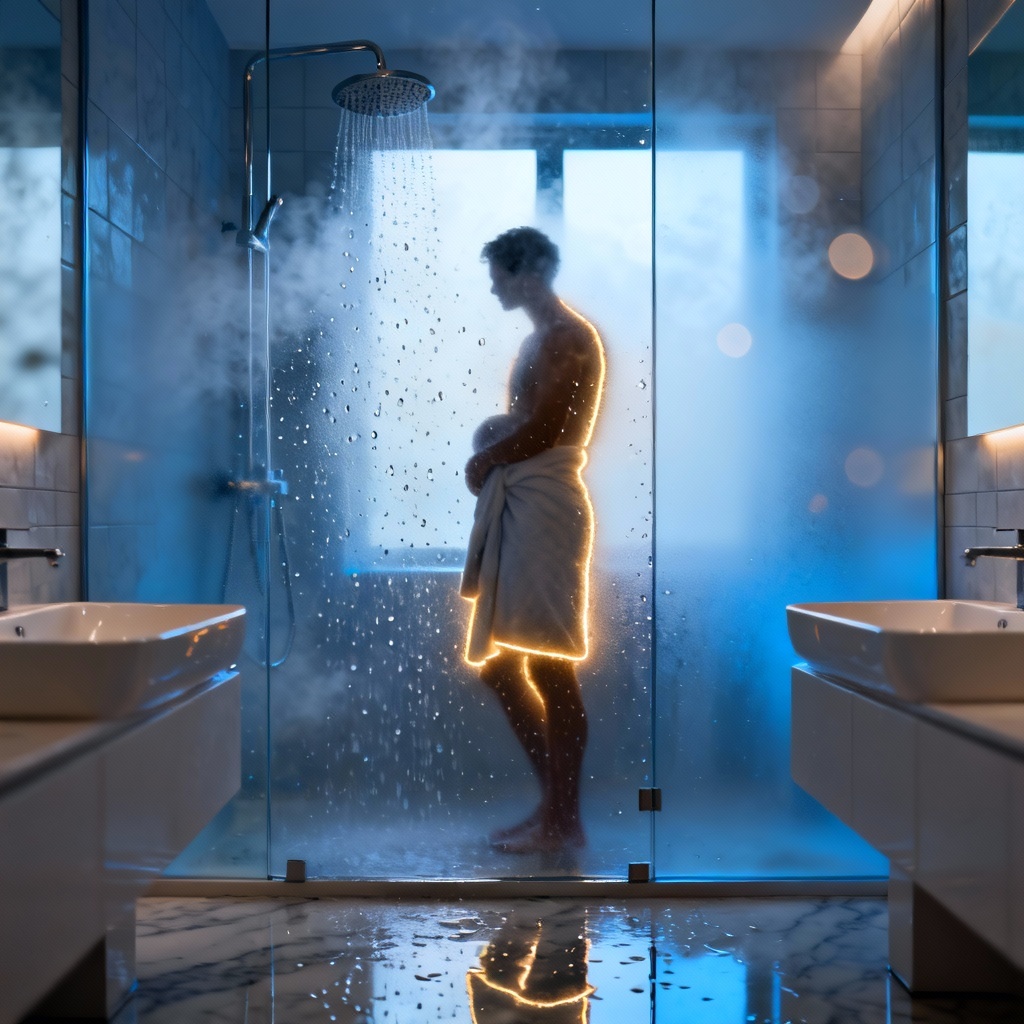 SFW steam shower silhouette behind frosted glass