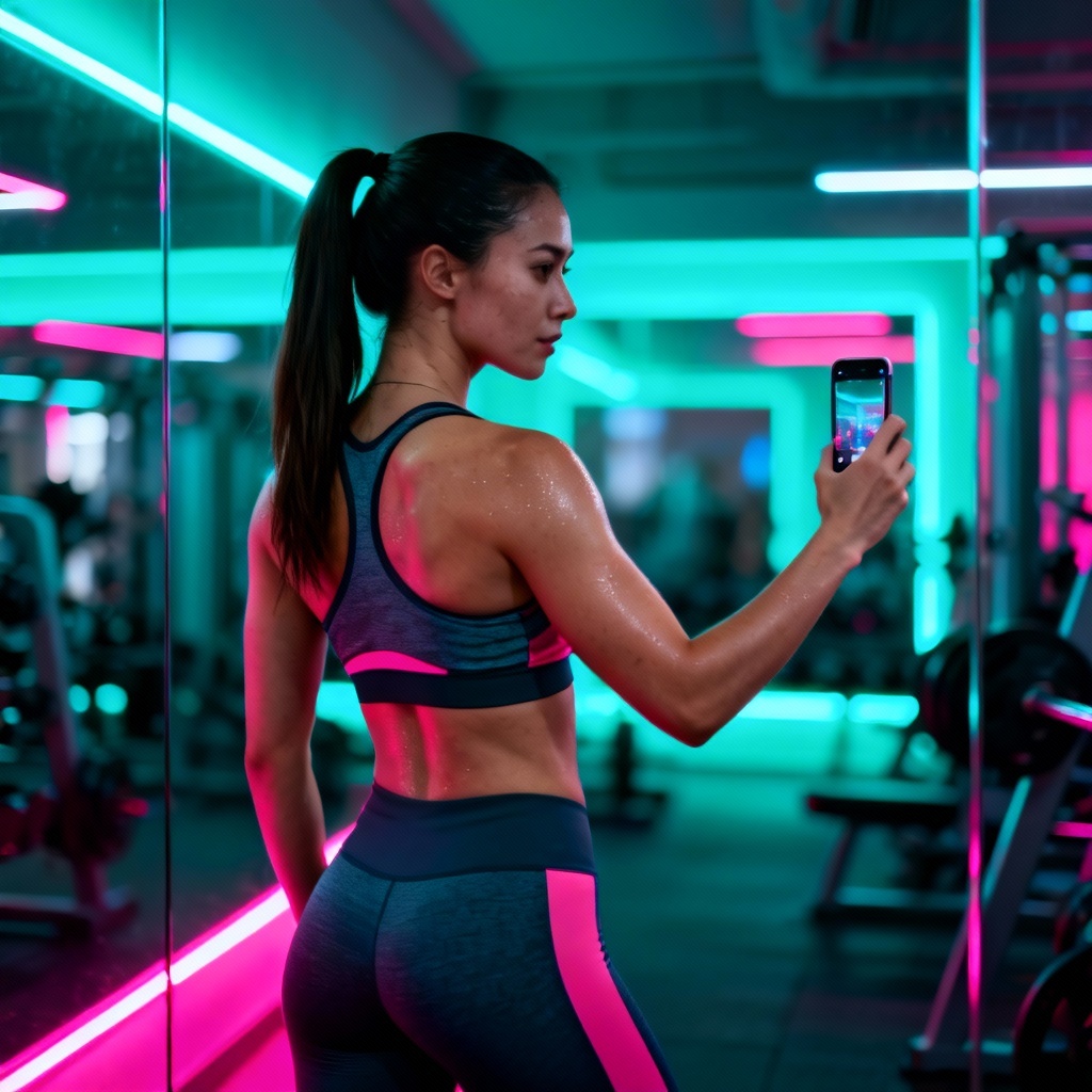 AI gym girl aesthetic portrait in neon-lit mirror gym