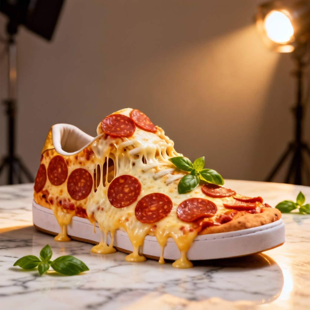 Product sneaker wrapped in mozzarella and pepperoni topping