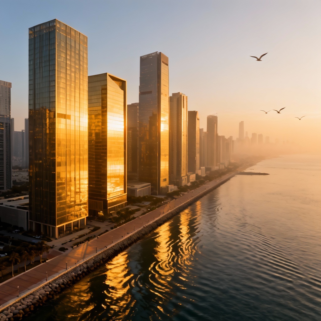 Aerial sunrise skyline over modern city