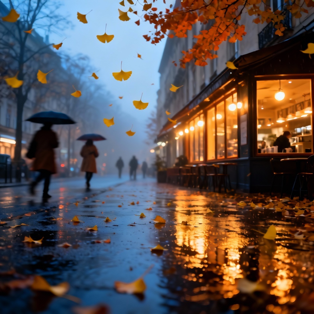 AI autumn city street with wet pavement and falling leaves