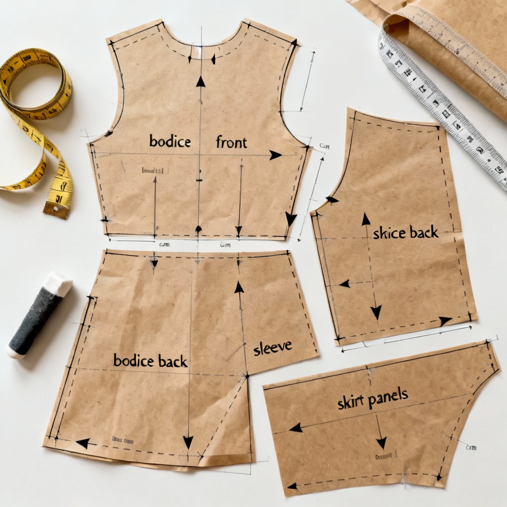 AI-generated sewing pattern layout with bodice, skirt, sleeve pieces on pattern paper