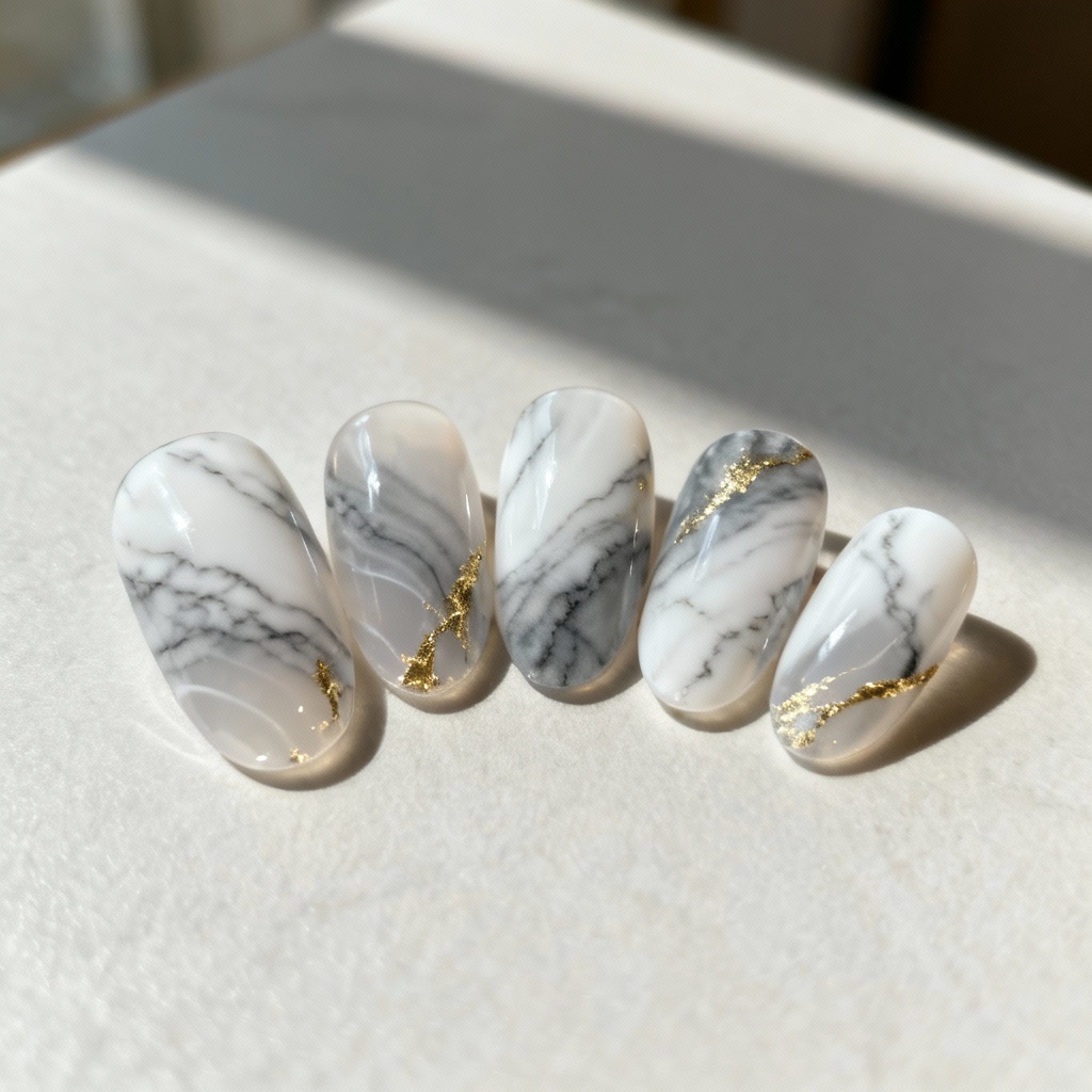 AI marble gel oval nails with gold foil accents