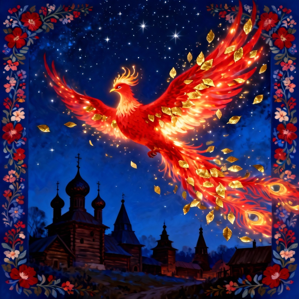 AI Firebird soaring over an ancient Rus town at night