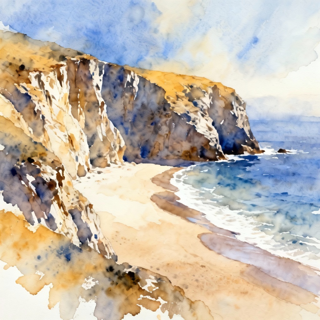 AI watercolor coastal cliffs with sandy cove