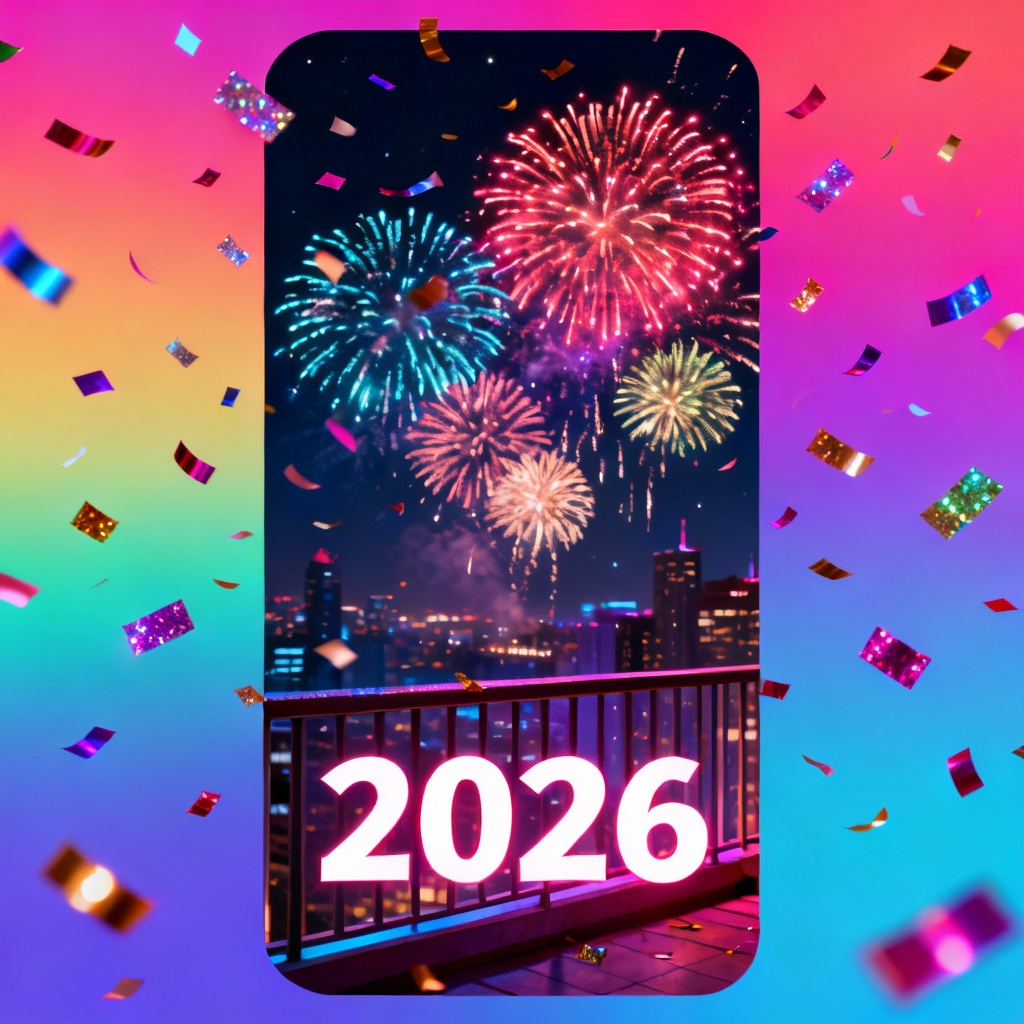 AI vertical story with glitter confetti and NYE fireworks