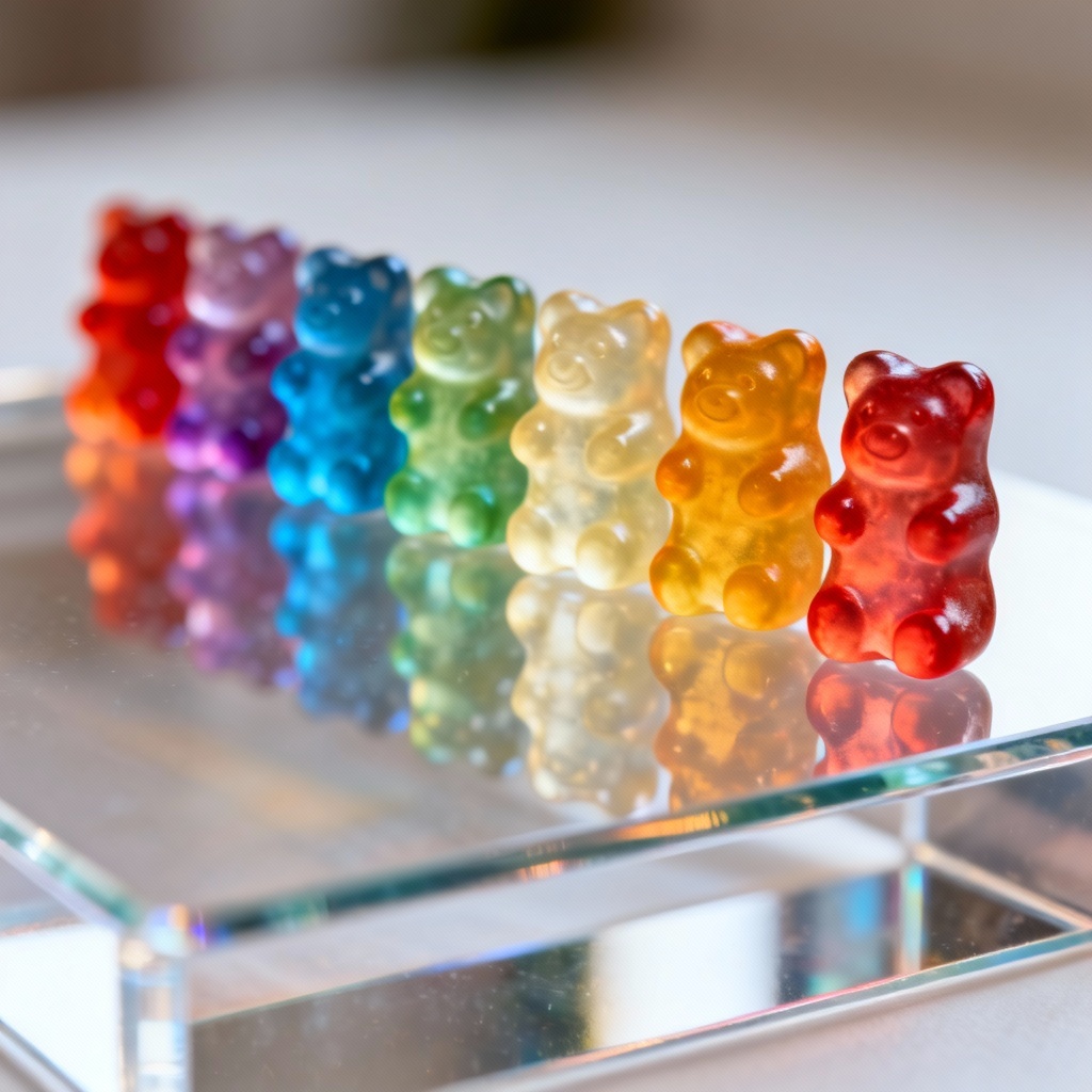 AI colorful gummy bears marching in a row