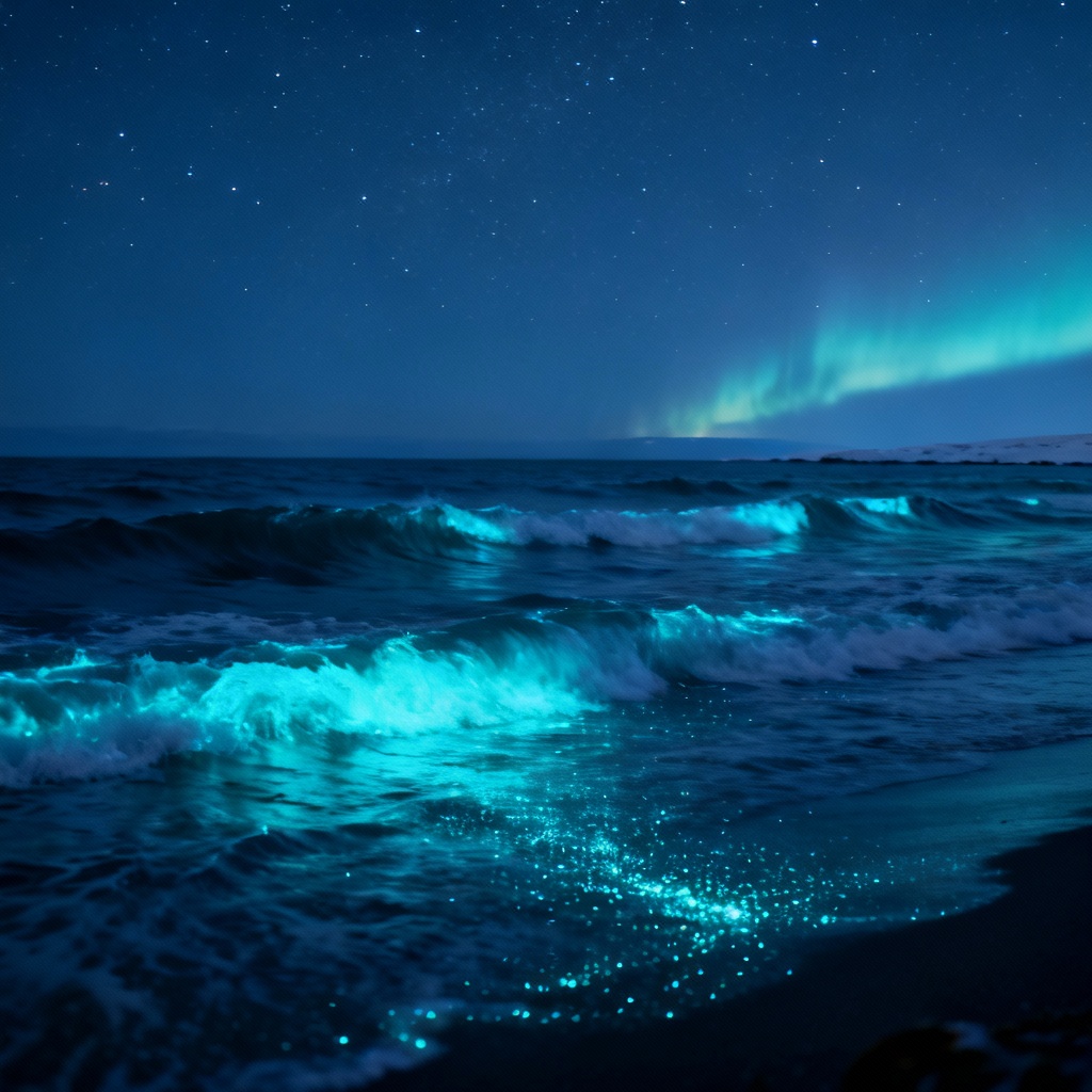 AI polar night ocean with bioluminescence and aurora