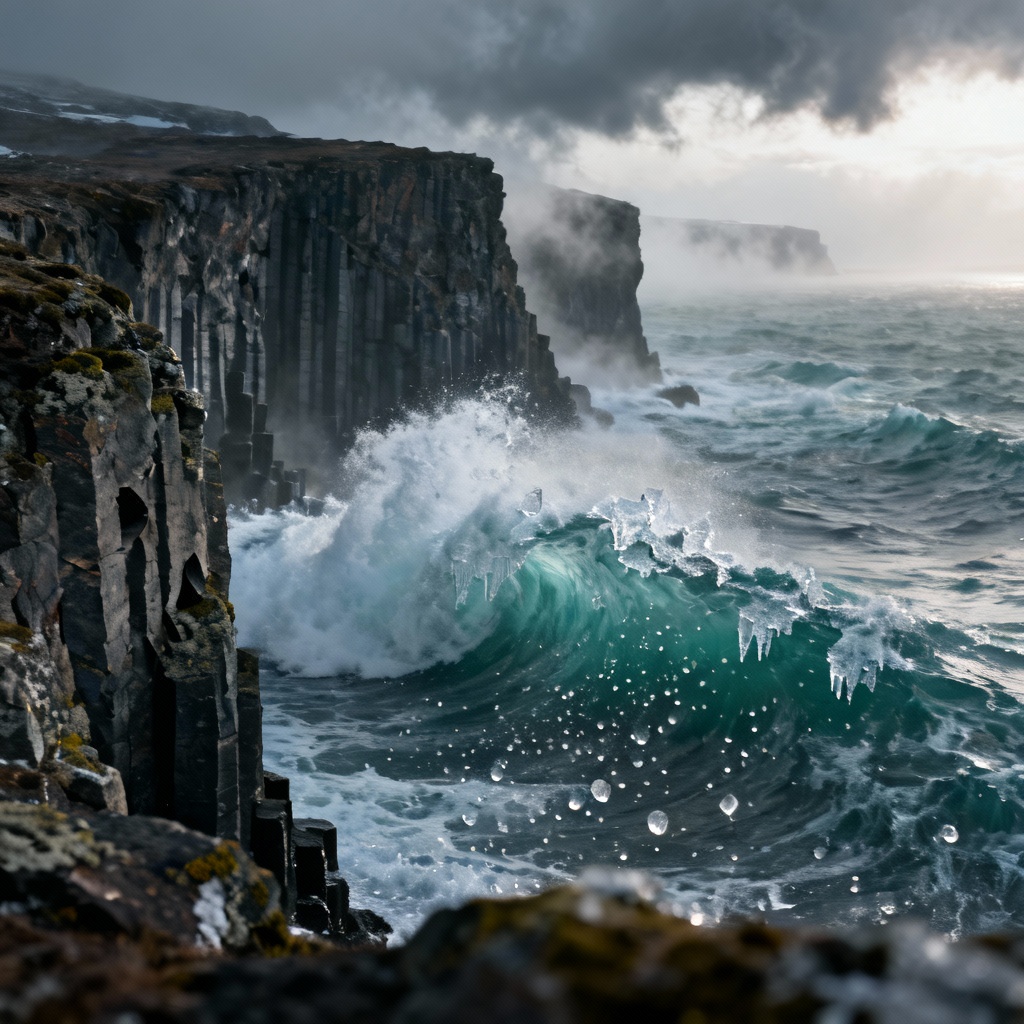 AI cold ocean waves hitting a rocky cliff