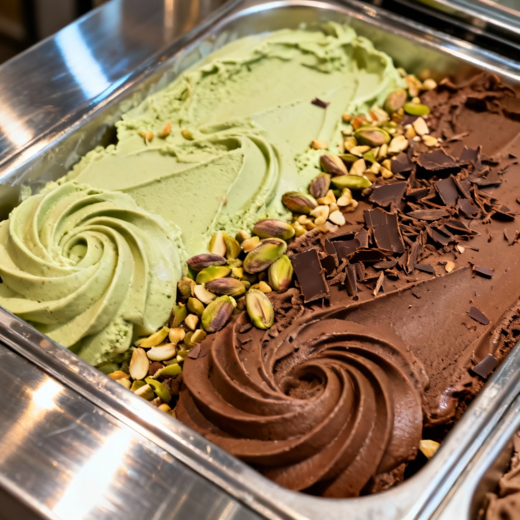 Artisan gelato tray with textured swirls and toppings