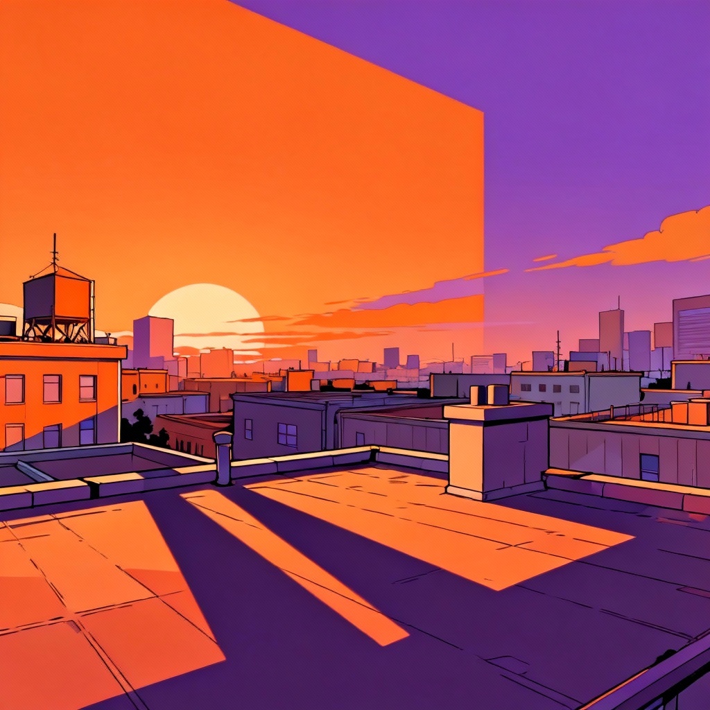 AI cel shaded sunset city rooftops with bold outlines