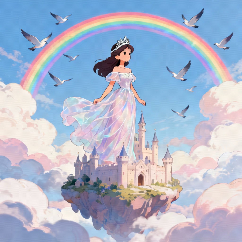 AI sky kingdom princess with floating castle