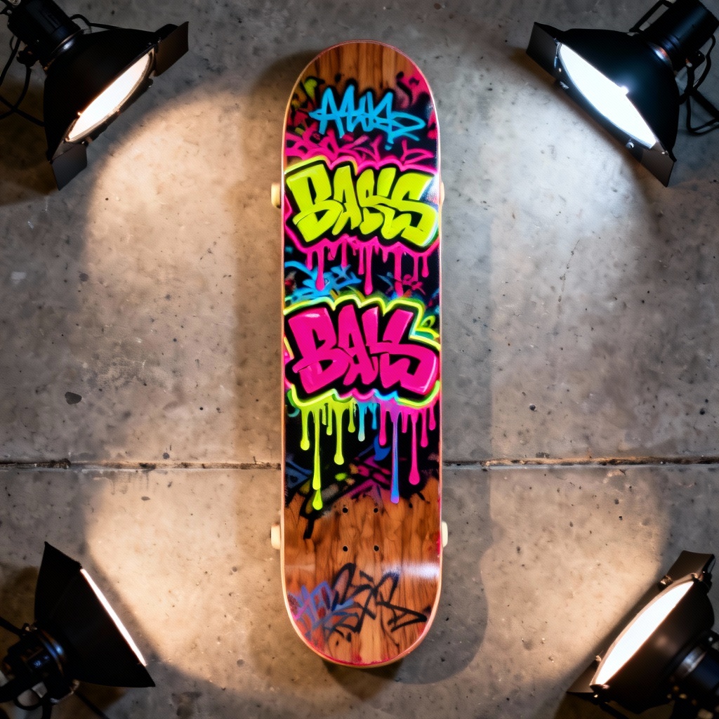 Photorealistic skateboard deck with neon graffiti graphic on studio floor