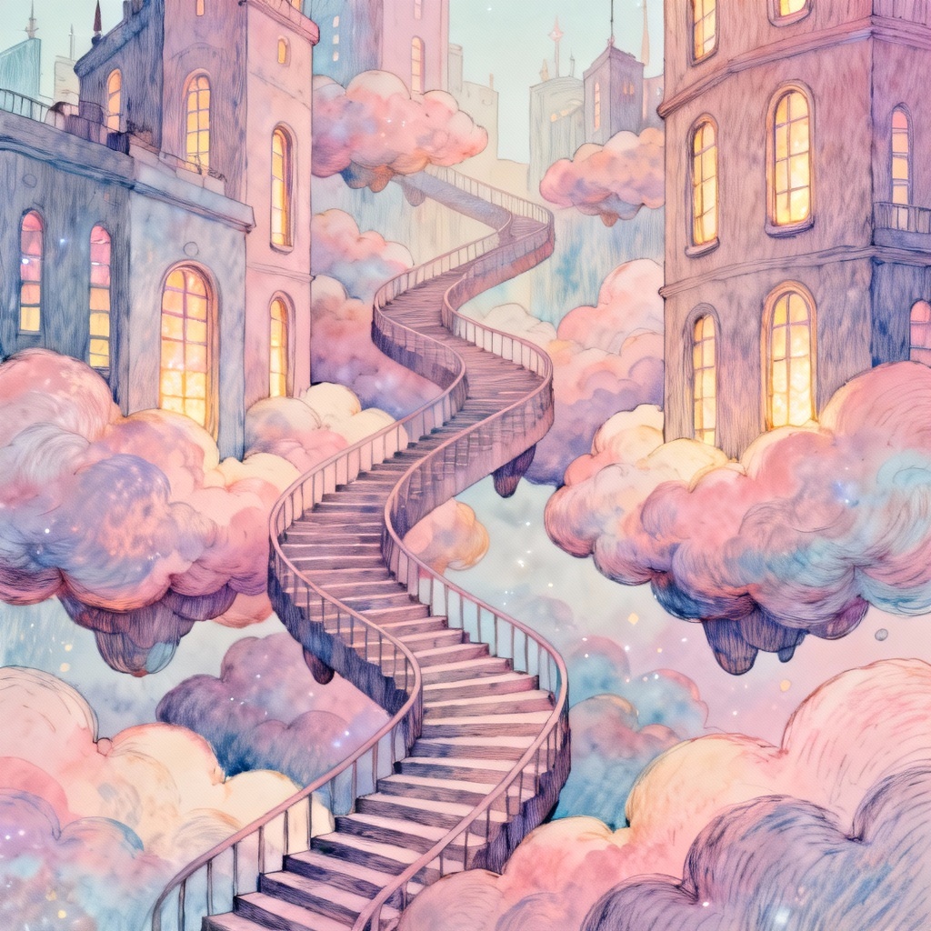 Surreal whimsical city with floating stairs and clouds