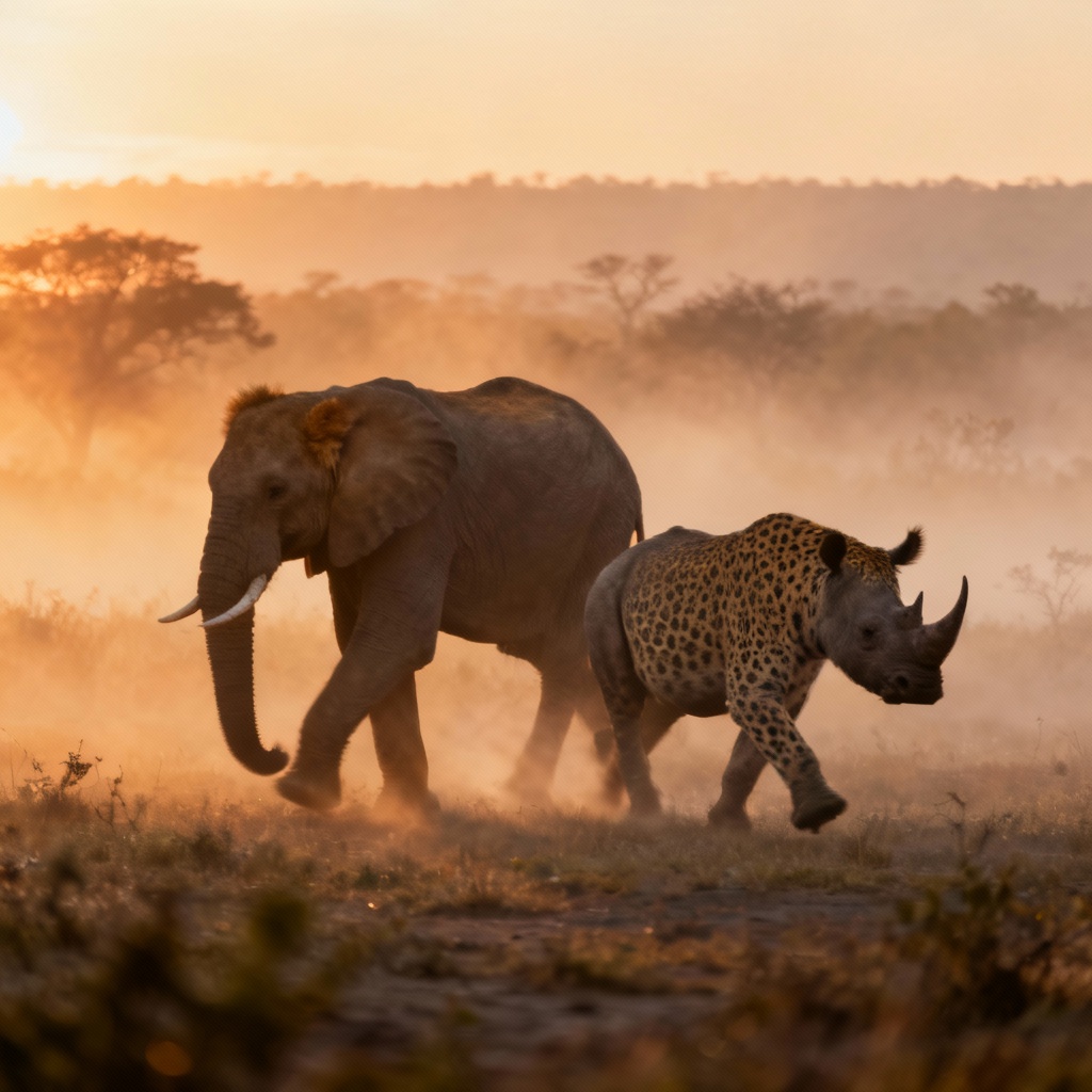 AI Big Five wildlife in misty sunrise