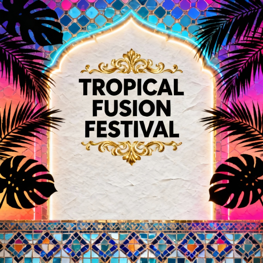 AI exotic flair poster featuring neon gradients and mosaic patterns