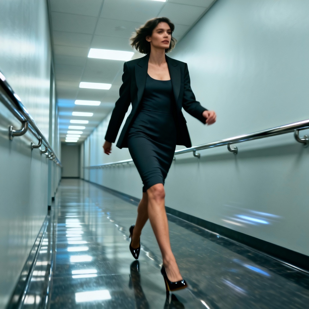AI office siren walking in a modern hallway