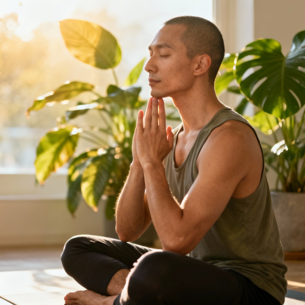 Meditative yoga 3/4 view reflective pose