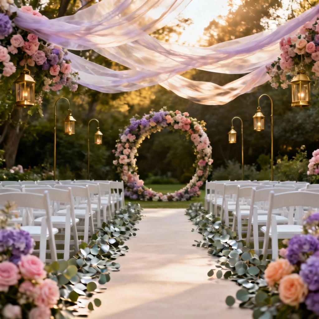 AI garden wedding ceremony aisle with floral arch and lanterns
