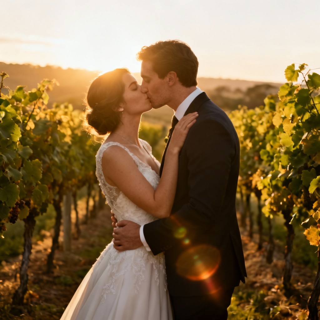 AI Vineyard Golden Hour Wedding Kiss