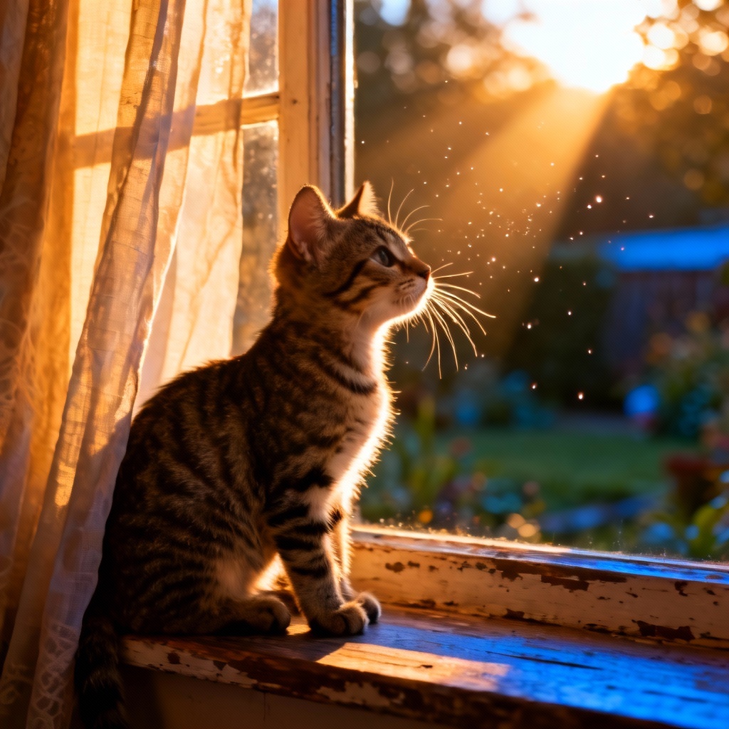 AI photoreal tabby kitten by a sunny window