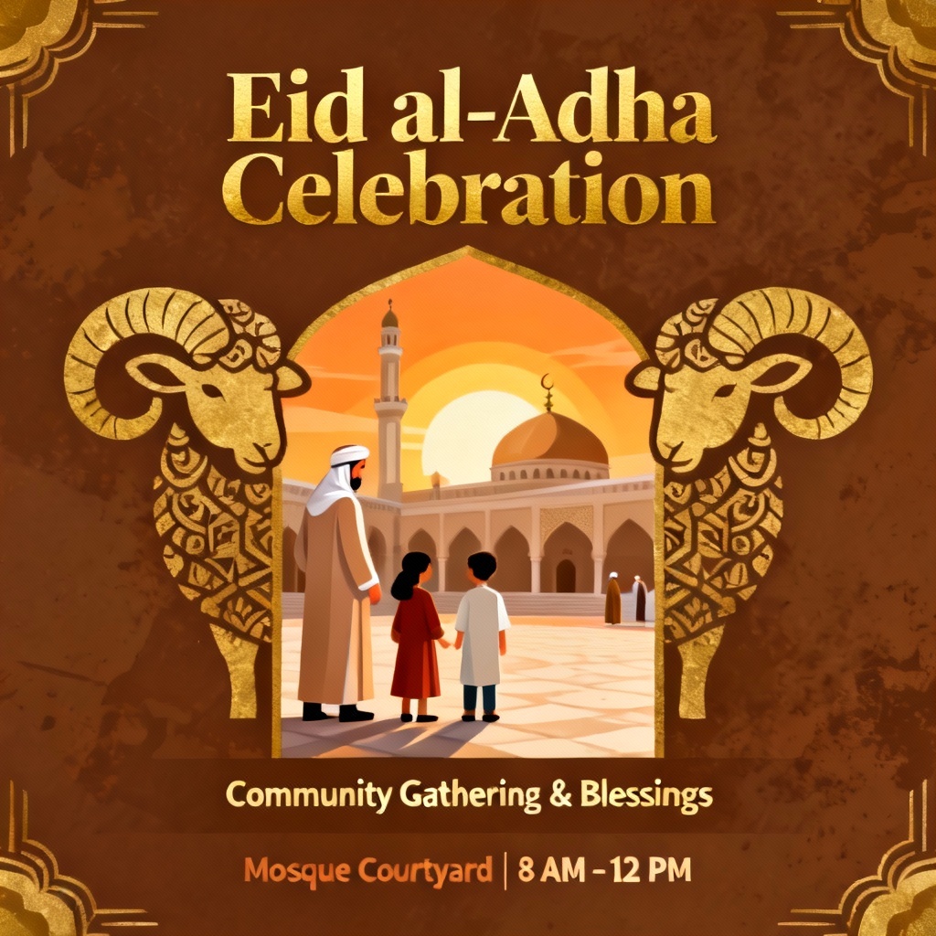 AI Eid al-Adha poster with family, mosque, and qurbani symbolism