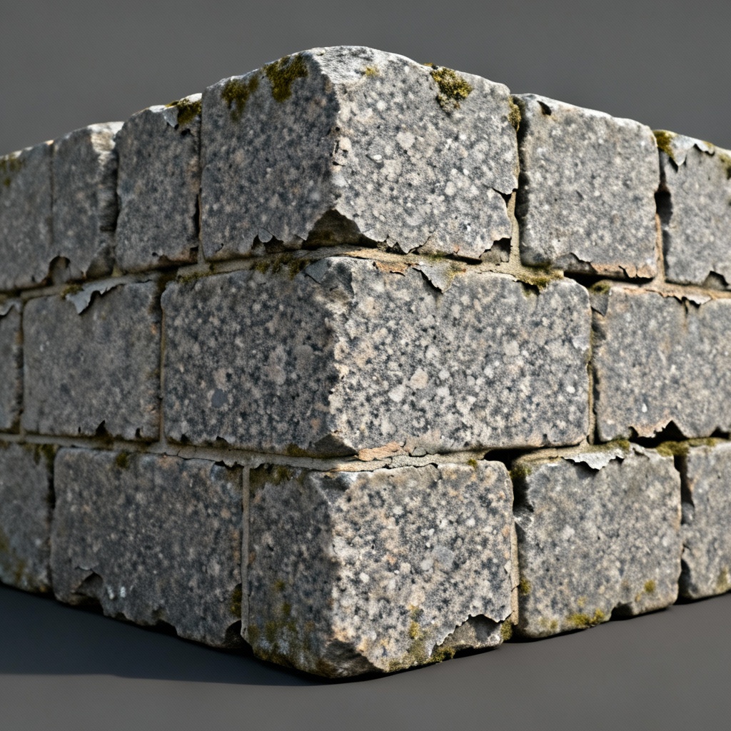 AI weathered granite block wall with rough crystals and mortar