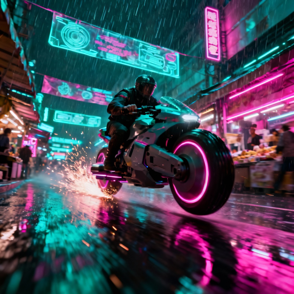 AI cyberpunk hoverbike chase in neon market