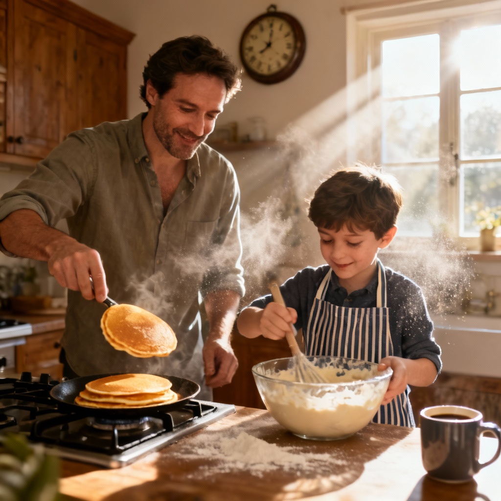 AI father and son cooking pancakes together in a cozy kitchen