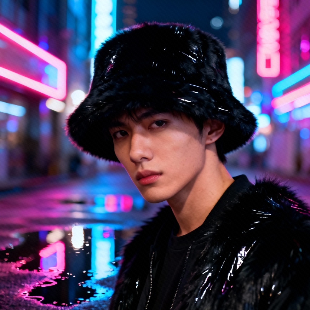 AI streetwear look with black faux fur bucket hat