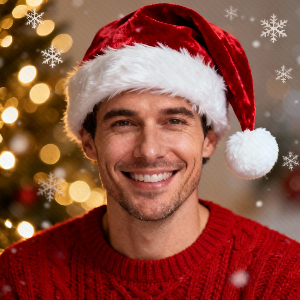 Portrait with AI-added Santa hat and festive bokeh