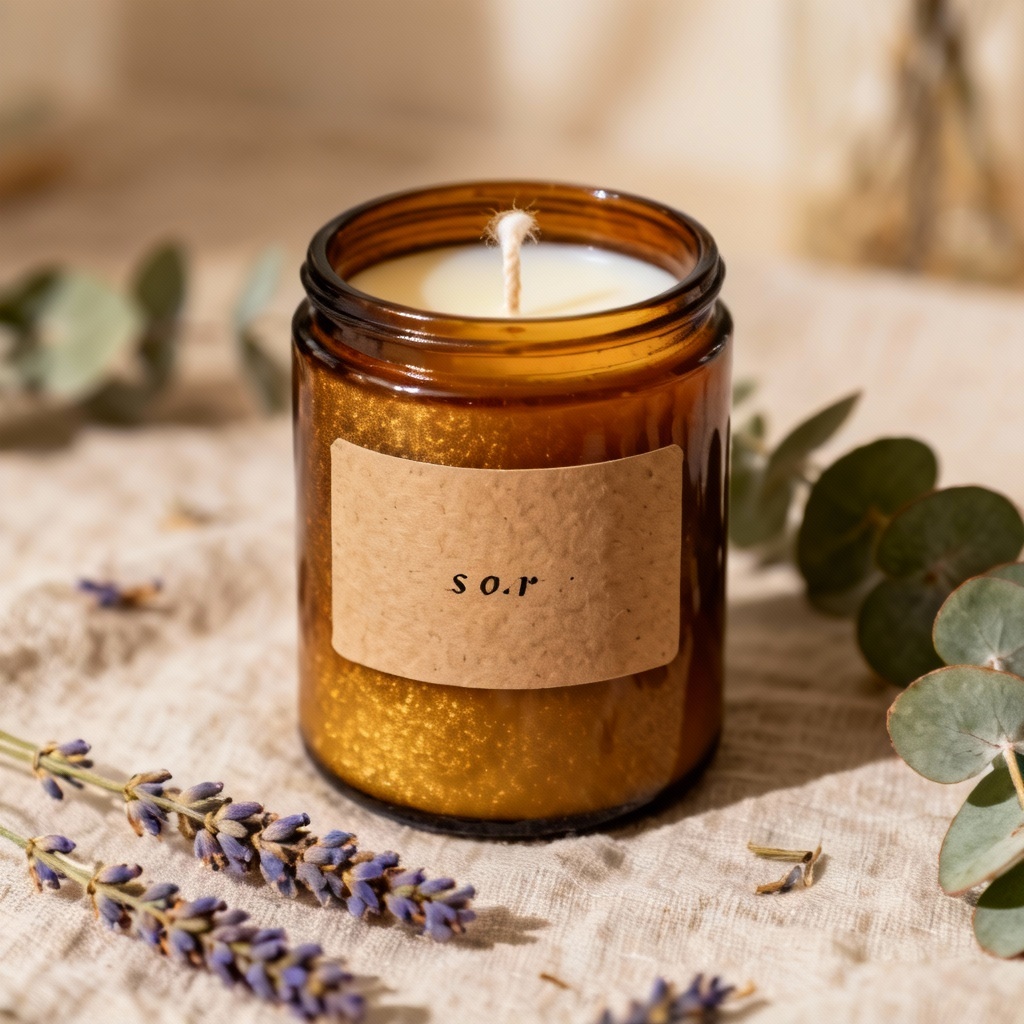AI soy candle in amber jar with kraft label