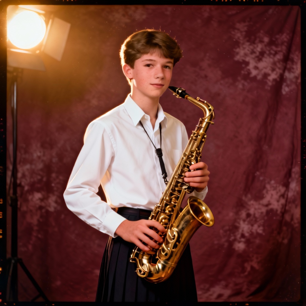AI vintage yearbook photo featuring school band saxophone