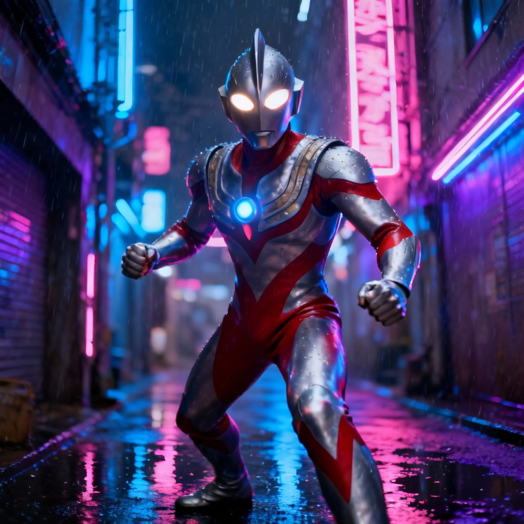 Ultraman-style hero guarding neon city streets