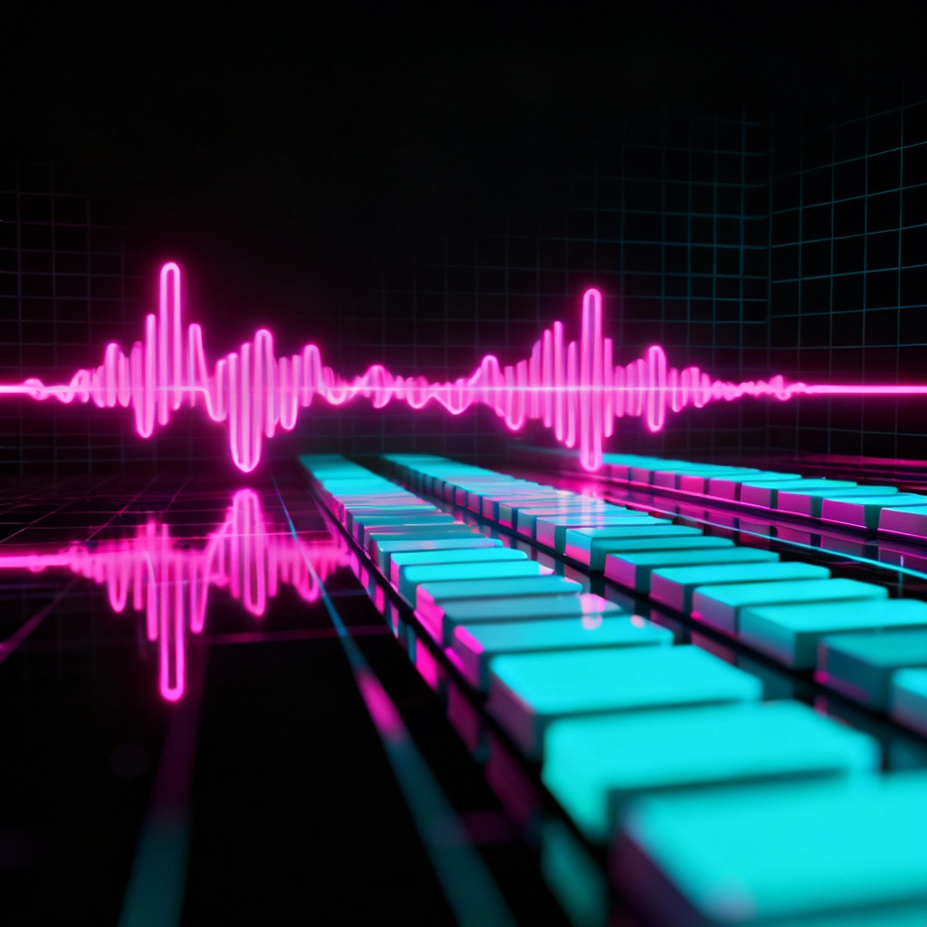 AI neon audio waveform poster