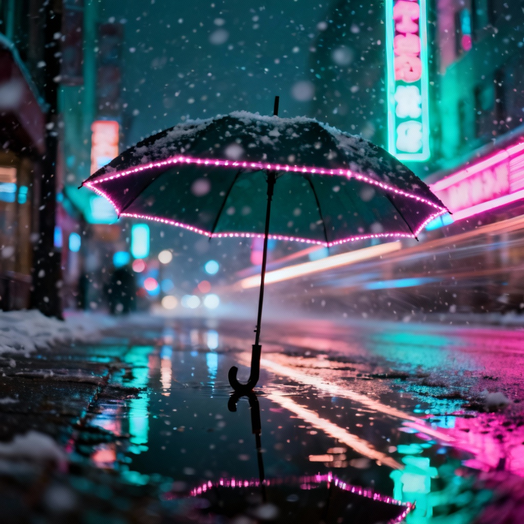 AI night city scene with gentle snow flurries