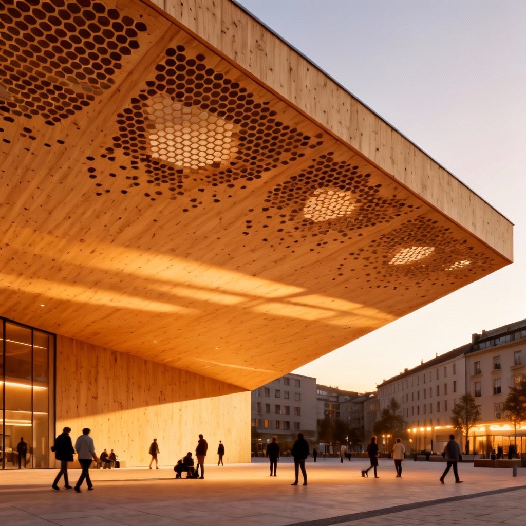 AI CLT canopy with perforated pattern over a plaza