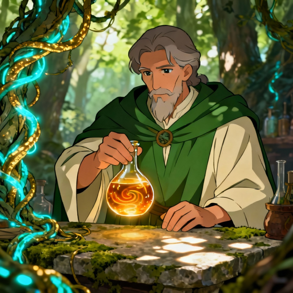 AI Dendro alchemist with blooming vines and glowing flask