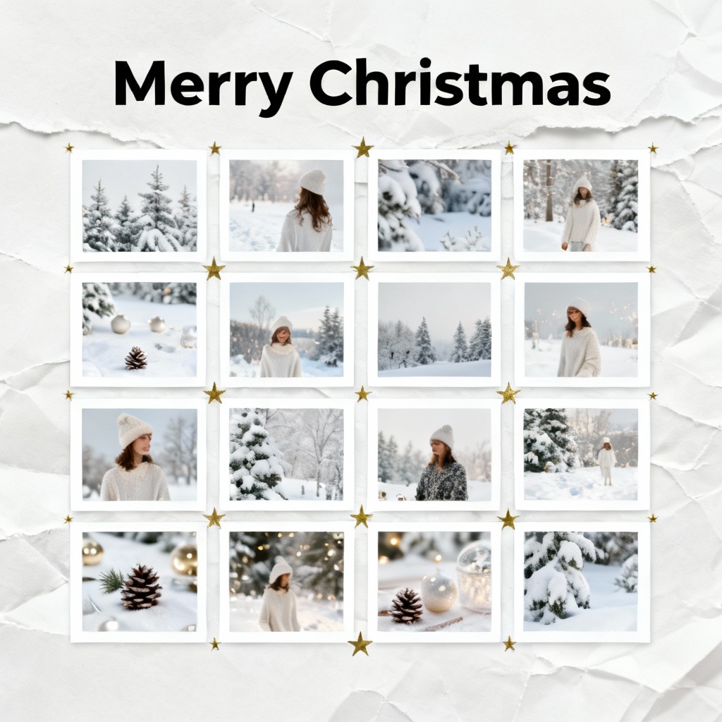 Modern white Christmas poster with photo collage and gold stars