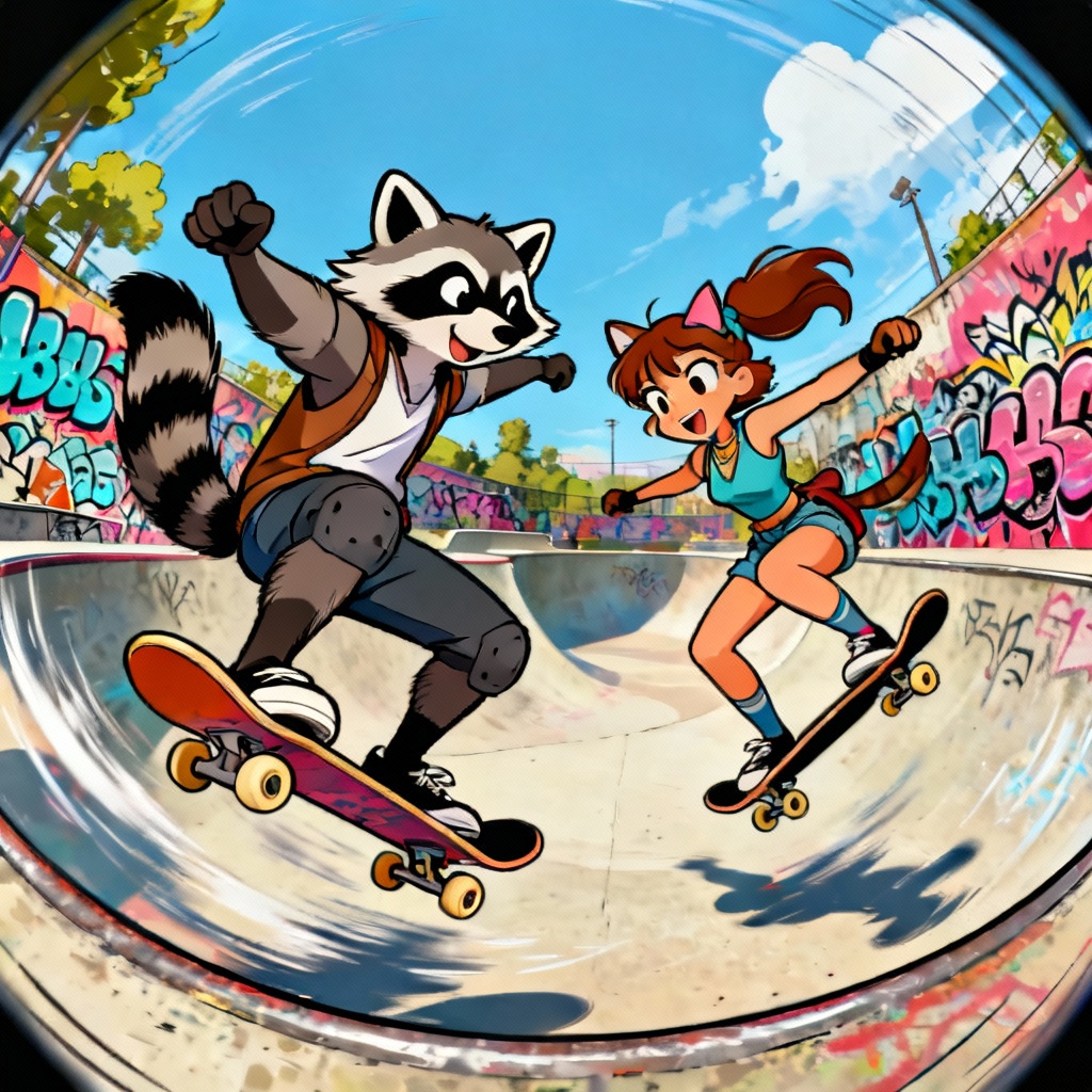 Zootopia style raccoon couple skating at a park