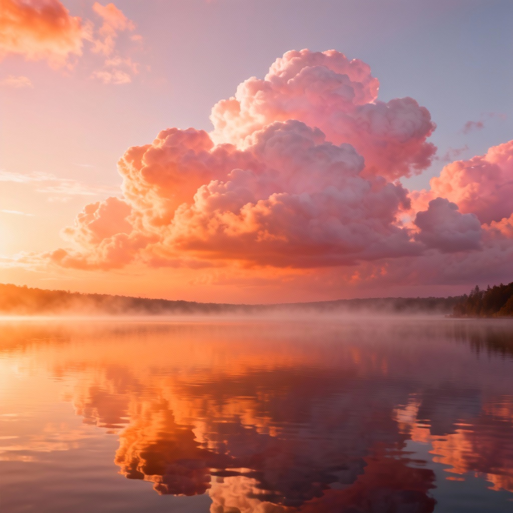 AI sunset cumulus clouds over lake with vivid reflections
