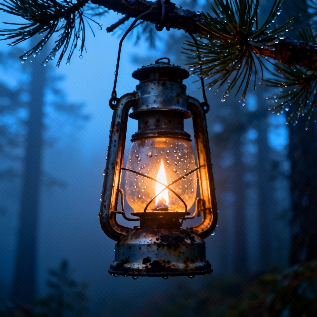 Rustic hurricane lantern hanging in a foggy campsite
