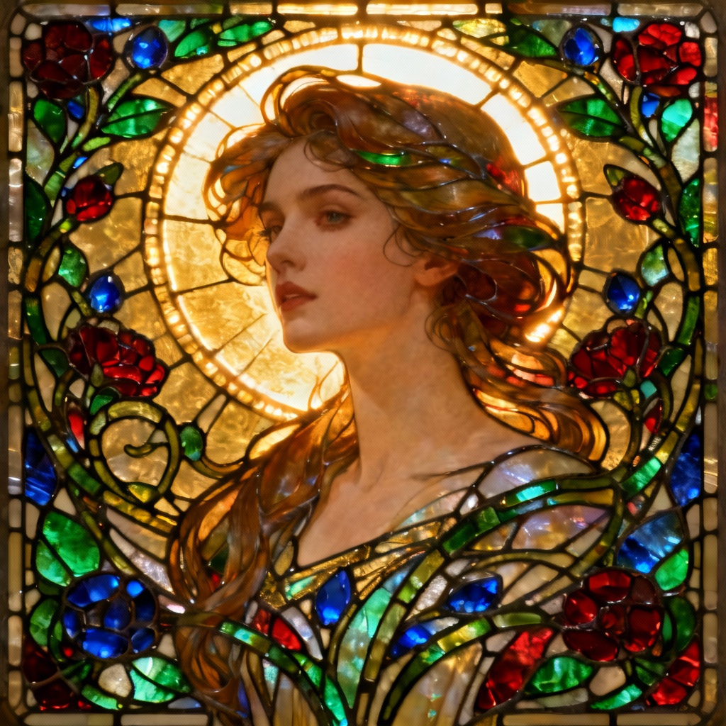 Stained glass style portrait with floral motifs