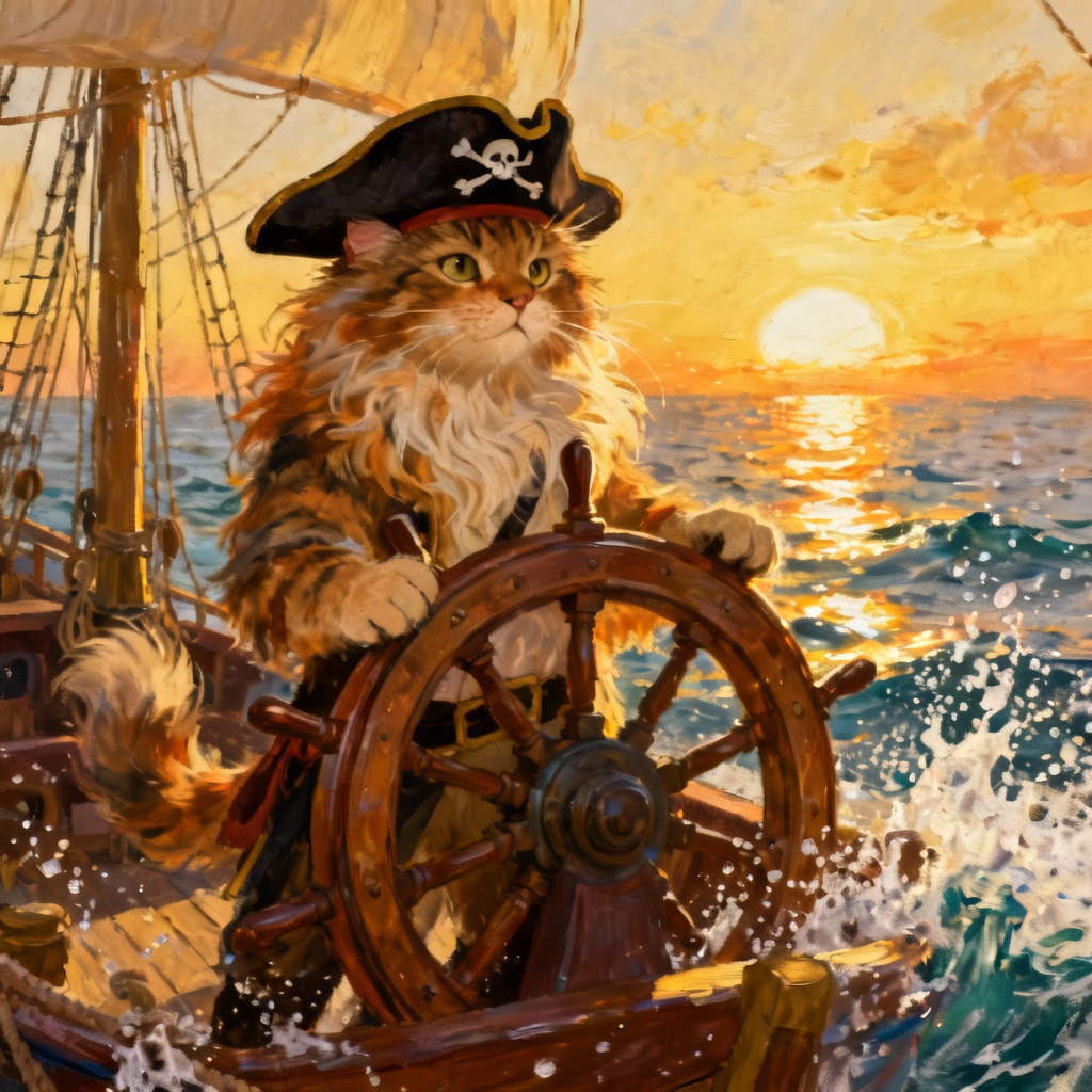 AI pirate captain Maine Coon picture book scene