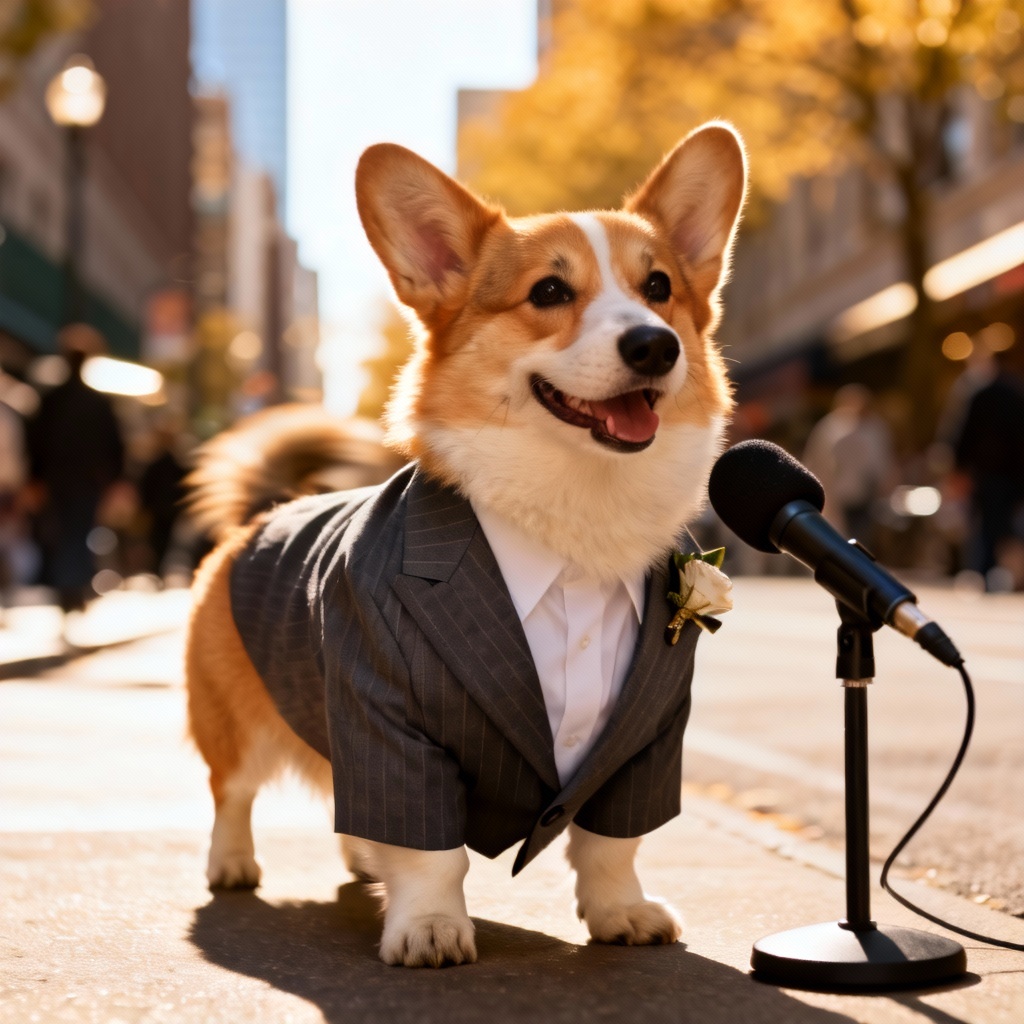 AI street interview with corgi and lapel mic