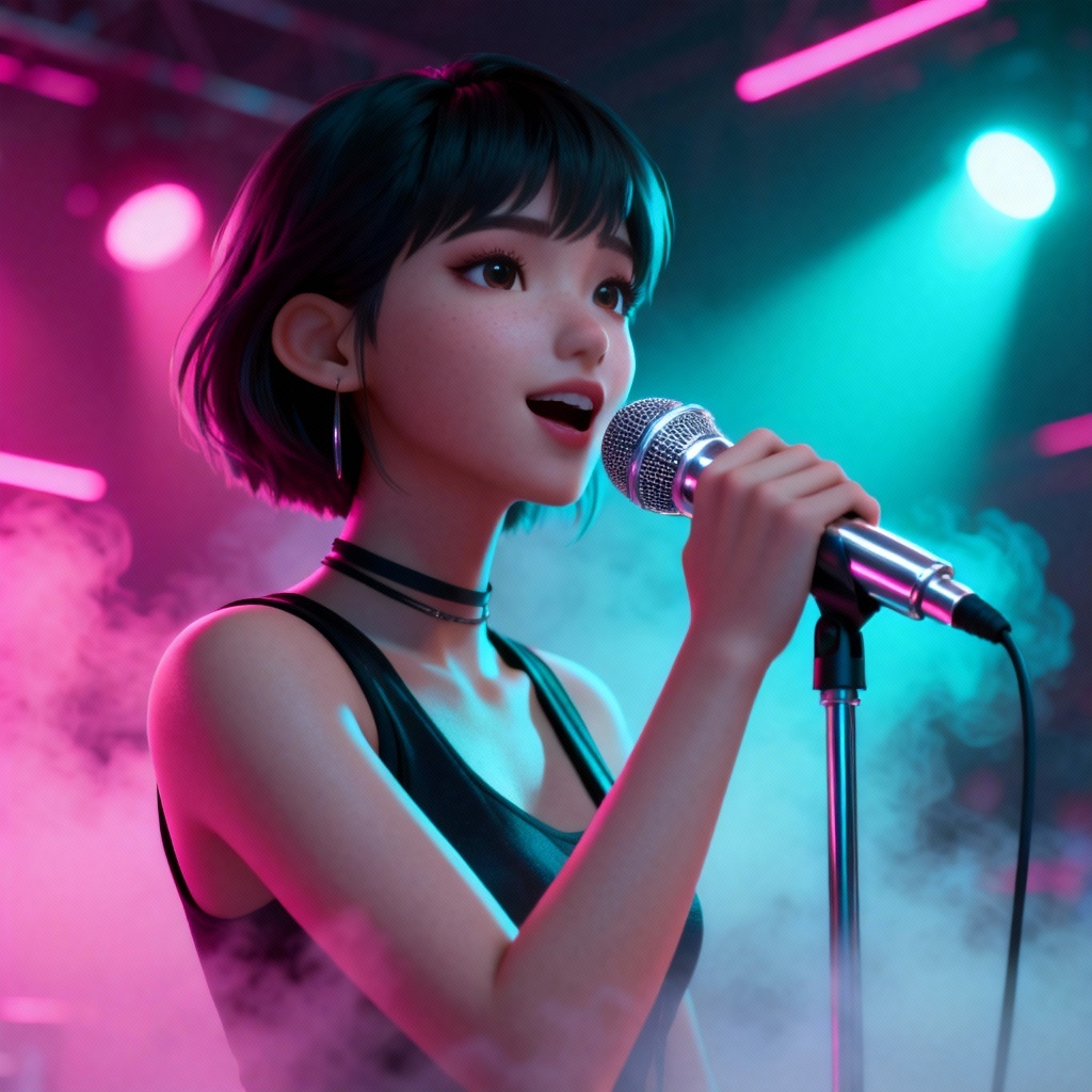 AI virtual singer on neon stage