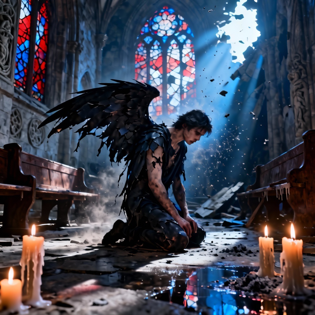 AI gothic fallen angel inside a ruined chapel