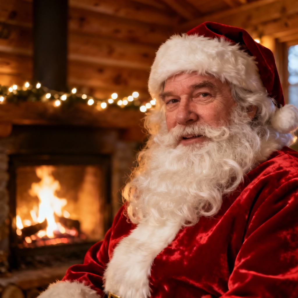 AI Santa by the fireplace with cozy cabin ambiance