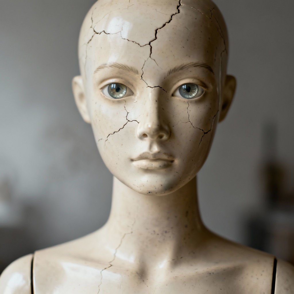 AI uncanny mannequin portrait with glass eyes