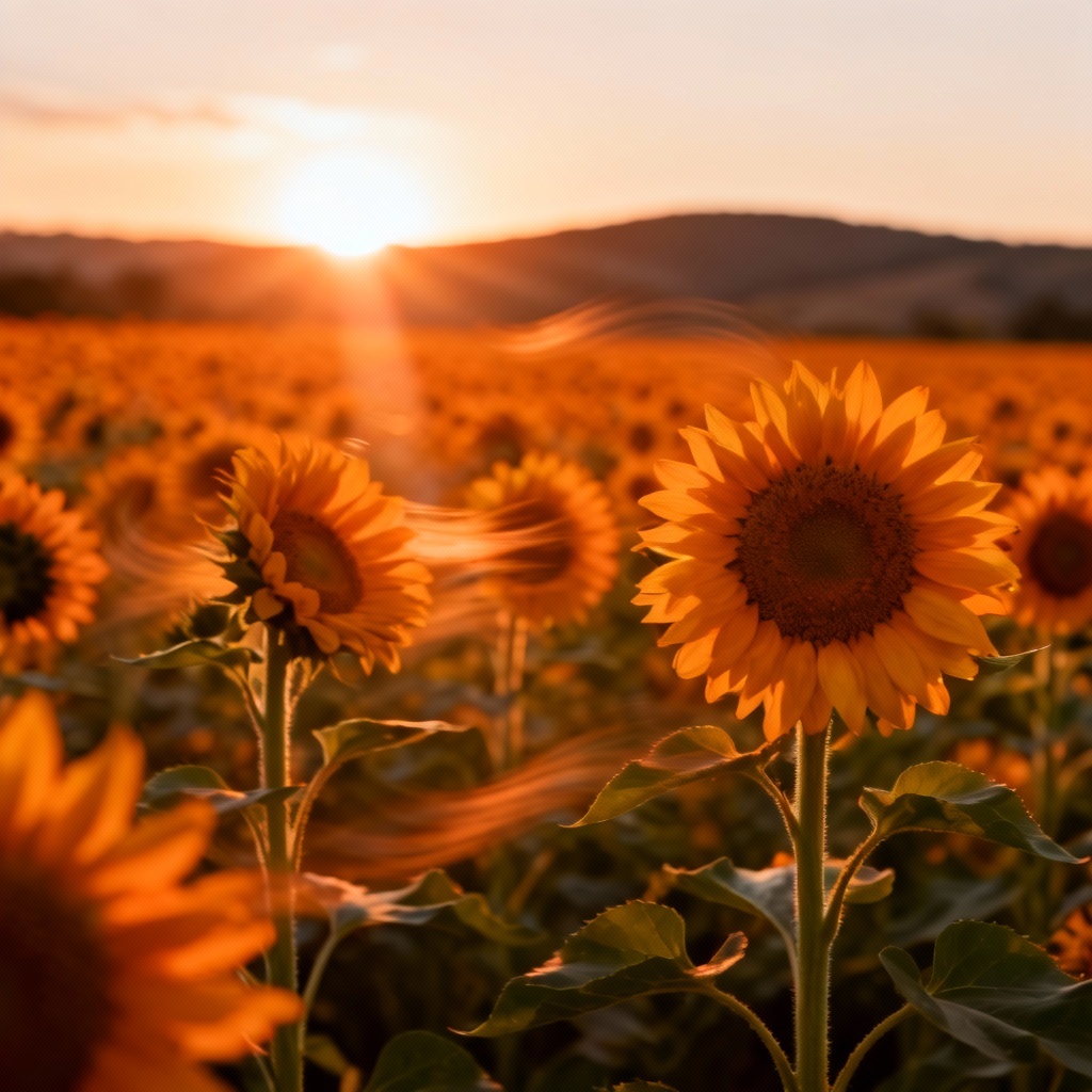 AI sunflower field panorama at golden hour